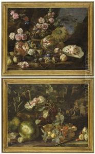 Melons, Peaches And Roses In A Landscape; And Melons, And Other Fruit In A Landscape, Figures On Horseback Beyond Melons, Peaches And Roses In A Landscape; And Melons, And Other Fruit In A Landscape, Figures On Horseback Beyond