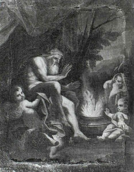 Time Warming Himself At A Fire Within A Cauldron Attended By Three Putti - view 1