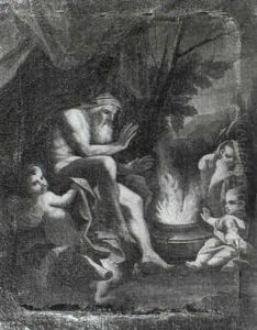 Time Warming Himself At A Fire Within A Cauldron Attended   By Three Putti by  Parmigianino (Michele da Parma)