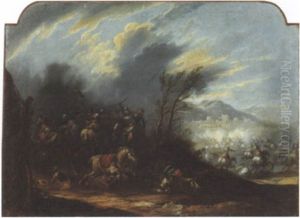 Scontro Di Cavalleria Con Citta Fortificata In Lontananza