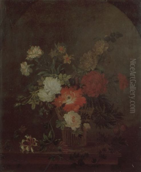 A Still Life Of Roses, Tulips, Carnations And Honeysuckle In A Basket Resting On A Ledge - view 1