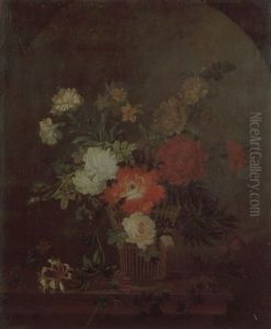 A Still Life Of Roses, Tulips, Carnations And Honeysuckle In A Basket Resting On A Ledge by Philippe Parpette