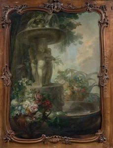 Vase De Fleurs Devant Un Miroir (+ Fleurs Et Fontaine Aux Putti; Pair)