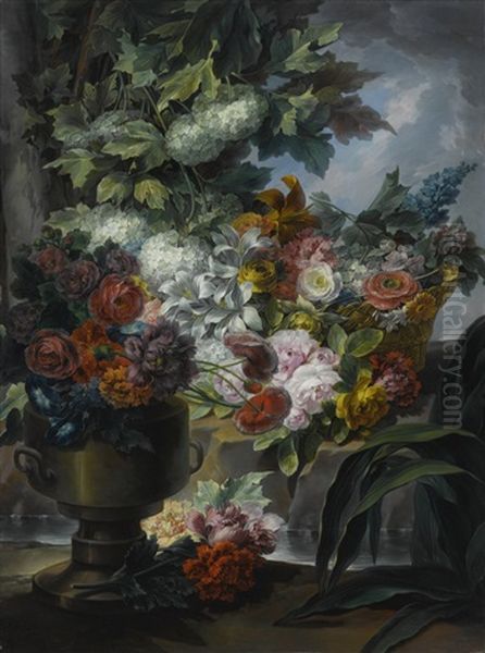 An Outdoor Scene With A Fountain, An Urn And A Basket Of Roses, Peonies, Poppies, Hydrangeas And Other Flowers - view 1