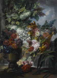 An Outdoor Scene With A Fountain, An Urn And A Basket Of Roses, Peonies, Poppies, Hydrangeas And Other Flowers by Miguel Parra Abril