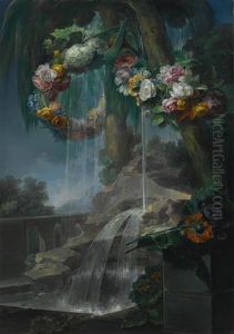An Outdoor Scene With A Spring Flowing Into A Pool, With Garlands Of Flowers And An Aqueduct Beyond by Miguel Parra Abril