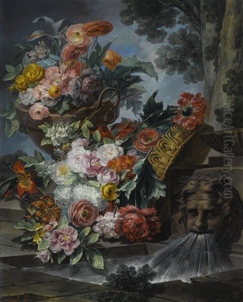 An Outdoor Scene With A Pool Of Water, A Basket And An Urn Filled With Carnations, Roses, Peonies, Lilies, Hydrangeas And Other Flowers - view 1