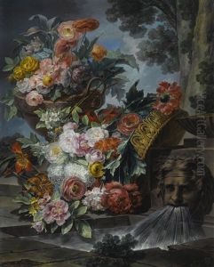An Outdoor Scene With A Pool Of Water, A Basket And An Urn Filled With Carnations, Roses, Peonies, Lilies, Hydrangeas And Other Flowers