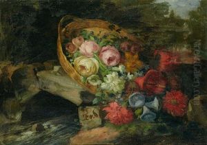 Cesta De Flores Con Fuente Sobre Un Paisaje Y Cesta De Flores Sobre Un Riachuelo by Miguel Parra Abril