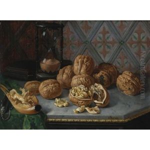 Still Life With Wallnuts, A Pipe And Hourglass On A Grey Marble Ledge by Miguel Parra Abril