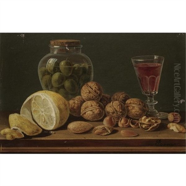 Still Life With Walnuts, Olives In A Glass Jar, A Partly Peeled Lemon And A Glass Of Red Wine - view 1