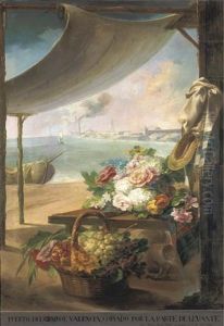 Puerto De Grao De Valencia Con Un Bodegon De Flores, Frutas Y Otros Objetos En Primer Termino by Miguel Parra Abril
