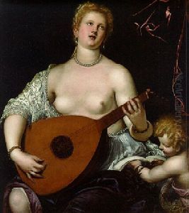 A Woman Playing A Lute With A Putto Holding A Book Of Music