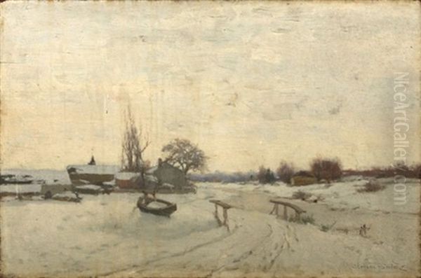 New England Winter Landscape With Bridge Over A Frozen River - view 1