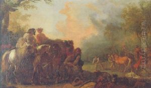 Cavalry Officers Mounting Their Horses In An Encampment Outside A Village by Charles Parrocel