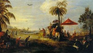 Scene Orientale De Chasse Au Faucon, Avec Personnages Assis Sous Une Tente