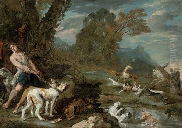 A Deerhunt In A Wooded River Landscape (study) - view 1