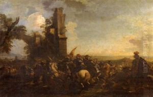 Combat De Cavaliers En Armure, Au Pied D'une Ruine by Joseph Parrocel