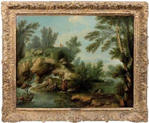Paysage A La Cascade Avec Pecheurs Et Paysans by Joseph Francois Ignace Parrocel