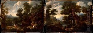 Paysage D'italie Anime De Promeneurs (+ Paysage D'italie A La Cascade Anime De Promeneurs; Pair) by Joseph Francois Ignace Parrocel