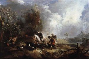 A Boar Hunt In A Wooded Landscape by Joseph Francois Ignace Parrocel