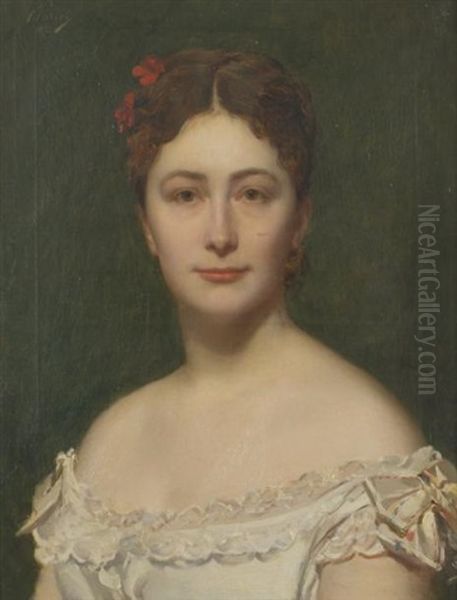 Portrait En Buste De Femme En Robe Blanche, Les Epaules Decouvertes, Deux Fleurs Rouges Dans Sa Chevelure Chatain - view 1