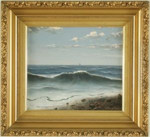 Seascape With Waves And A Tall Ship In The Distance by William Samuel Parrott