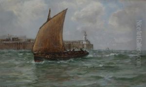 Scene Of A Sailing Boat With Lighthouse To The Background by Arthur Wilde Parsons