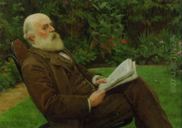 Portrait Of A Gentleman Seated In A Garden Holding A Newspaper - view 1