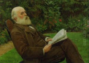Portrait Of A Gentleman Seated In A Garden Holding A Newspaper by Beatrice Emma Parsons
