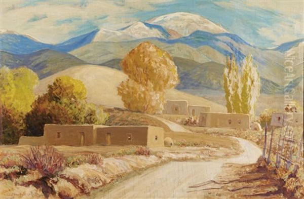 Adobe Village Scene With Mountains - view 1
