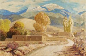 Adobe Village Scene With Mountains