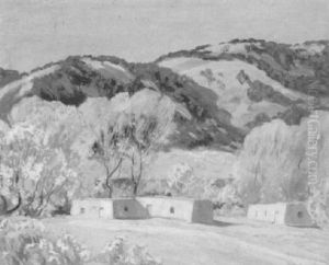 New Mexican Mountainous Landscape With Adobe Houses by Sheldon Parsons