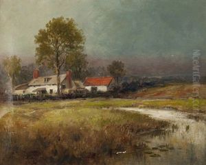 House In A Landscape With Pond by Arthur Parton