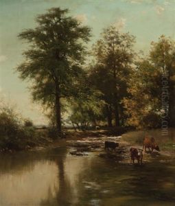 Cows Grazing By The River by Arthur Parton