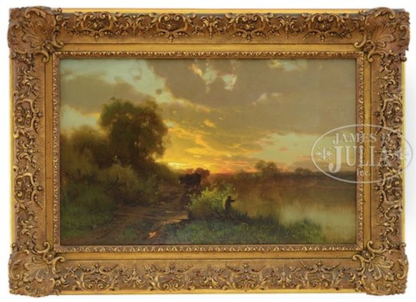 Fisherman And Cows Under Sunset Landscape - view 1