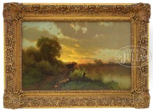 Fisherman And Cows Under Sunset Landscape by Arthur Parton