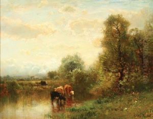 Cattle Watering In An Expansive Landscape by Arthur Parton