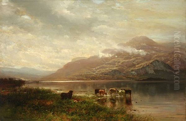 Cows Watering Beside A Cloud Covered Mountain - view 1