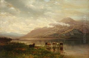 Cows Watering Beside A Cloud Covered Mountain by Arthur Parton