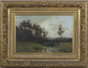 Landscape With Cattle Watering In A Stream by Arthur Parton