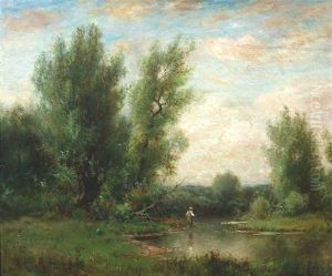 Sommerliche Flusslandschaft Mit Angler by Arthur Parton
