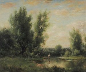 Fischer An Einem Baumbestandenen Bachlauf by Arthur Parton