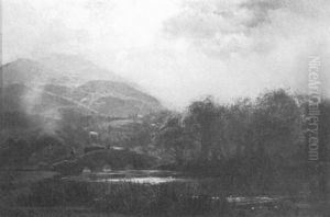 Landscape With A Man Guiding Cows Over A Bridge by Arthur Parton