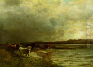 Herding Cattle By The Lake by Arthur Parton