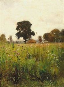 View Of A Meadow, In The Background A Cottage And Tall Trees by Ernest Parton