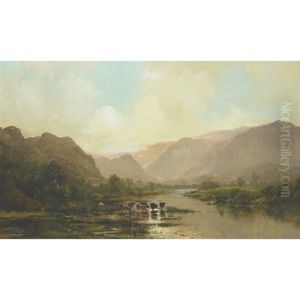 Mountainous Vista With Cattle And Fieldworkers In The Distance by Ernest Parton