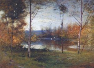River Landscape With Silver Birch On The Bank, A Man Rowing Beyond