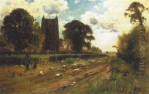 Shepherd And Flock On A Country Lane