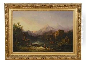 Italian Alpine Lake Villa With Boats And Figures